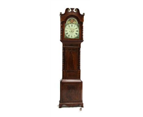 Schofield, Dewsbury, a 19th century strung and crossbanded mahogany eight-day longcase clock, the painted arched dial with a 