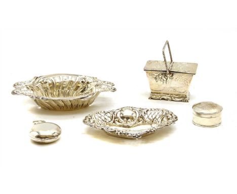 An assortment of silver, to include pierced bon bon dishes, a Dutch silver repousse miniature basket, a patch box and a silve