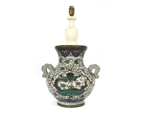 A Chinese brass and cloisonné enamel lamp base, 20th century, of 'hu' form, decorated with dragons among lotus scrolls, 56cm 