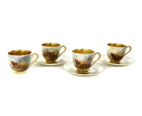 Four Royal Worcester cabinet cups , painted with highland cattle by Harry Stinton and three saucers, two saucers chipped, thr