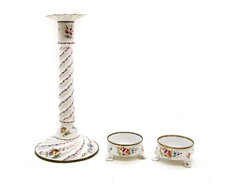 A Bilston or Battersea enamel candlestick, 25.5cm high ( restored detachable sconce ), and a pair of open salts