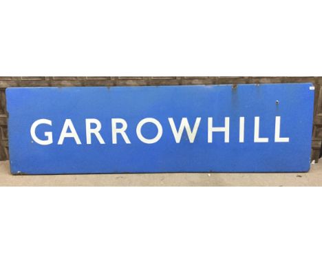 SCOTTISH RAILWAYS LARGE RUNNING IN ENAMEL SIGN - GARROWHILL, single sided, white lettering on a powder blue ground, 71cm x 24