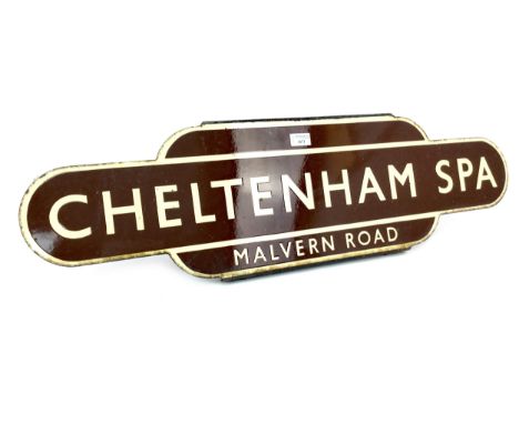 WESTERN RAILWAYS ENAMEL TOTEM - CHELTENHAM SPA (Malvern Road), single sided, white lettering on a brown ground, 26cm x 91cm. 