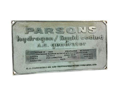 PARSONS HYDROGEN/LIQUID COOLED A.C. GENERATOR NAMEPLATE, cast steel, machine number and technical specifications below on a r