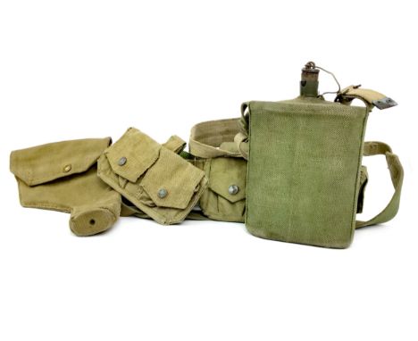 EARLY 20TH CENTURY MILITARY FLASK, 24cm high, contained in fitted sling, along with a military utility belt, with gun holster