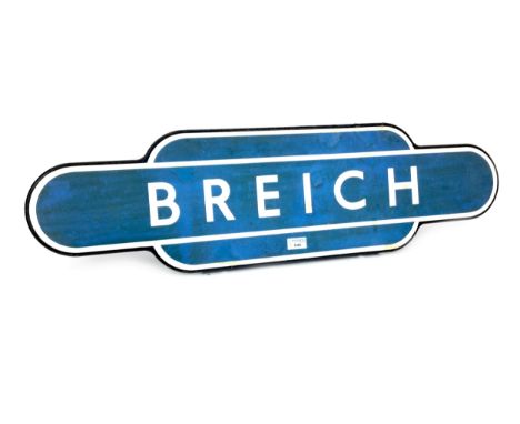 SCOTTISH RAILWAYS ENAMEL TOTEM - BREICH, single sided, white lettering on a powder blue ground, 25.5cm x 92.5cm Breich statio