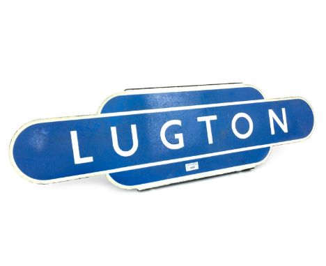 SCOTTISH RAILWAYS ENAMEL TOTEM - LUGTON, single sided, white lettering on a powder blue ground, 25cm x 91cm  Lugton was a sta