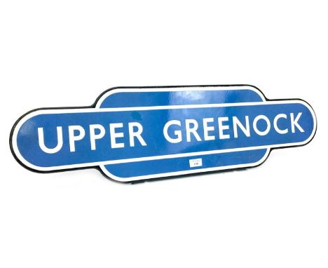 SCOTTISH RAILWAYS ENAMEL TOTEM - UPPER GREENOCK, single sided, white lettering on a powder blue ground, 25cm x 92cm Upper Gre