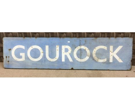 SCOTTISH RAILWAYS LARGE RUNNING IN ENAMEL SIGN - GOUROCK, single sided, white lettering on a blistered powder blue ground, 61