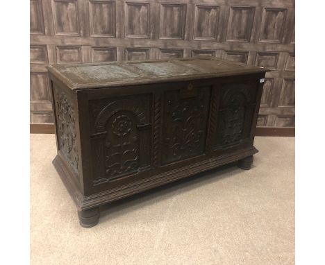 LARGE ARTS &amp; CRAFTS OAK BLANKET CHEST, constructed in the manner of a 17th Century chest, with three panelled hinged cove