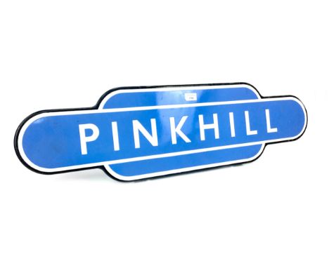 SCOTTISH RAILWAYS ENAMEL TOTEM - PINKHILL, single sided, white lettering on a powder blue ground, 26cm x 92cm Pinkhill was a 