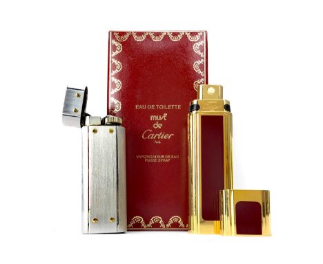 MUST DE CARTIER PERFUME ATOMISER, with red enamel decoration, 9cm high, in original box, along with a Cartier lighter (2)