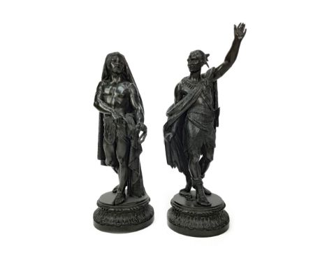 PAIR OF 19TH CENTURY BRONZE FIGURES, each modelled standing on a circular plinth base, 54cm and 48cm high