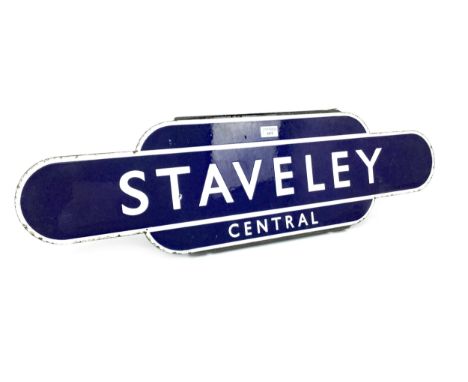 L.N.E.R. (Eastern Region) RAILWAYS ENAMEL TOTEM - STAVELEY CENTRAL, single sided, white lettering on a navy ground, 26cm x 92