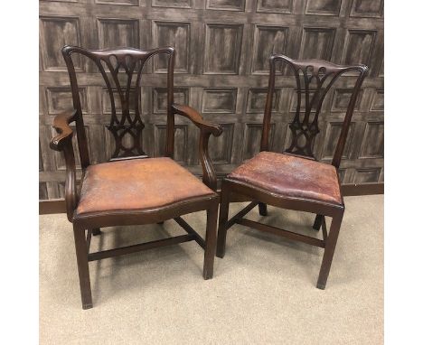SET OF EIGHT MAHOGANY DINING CHAIRS OF CHIPPENDALE DESIGN, the serpentine top rails with pierced vase shaped splats, upholste