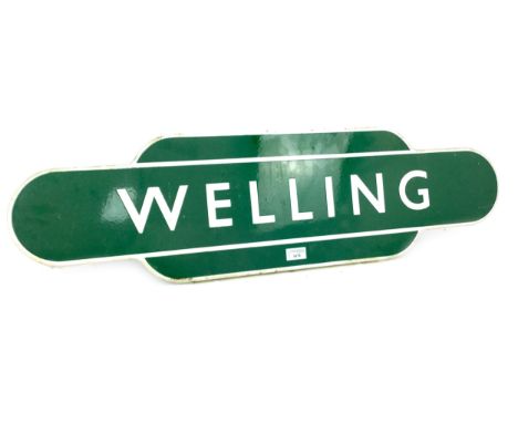 SOUTHERN RAILWAYS ENAMEL TOTEM - WELLING, single sided, white lettering on a green ground, 26cm x 93cm  Welling station is si