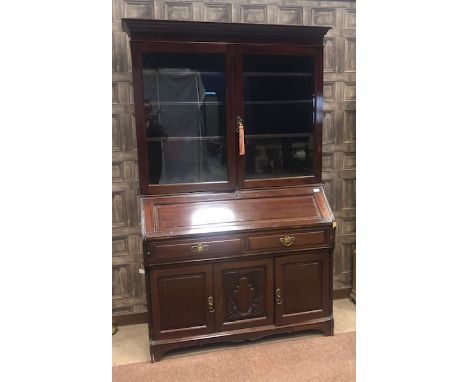 EDWARDIAN MAHOGANY BUREAU BOOKCASE, the moulded cornice with adjustable shelves below, enclosed by two glazed doors, fall fro