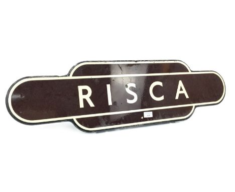 WESTERN RAILWAYS ENAMEL TOTEM - RISCA, single sided, white lettering on a brown ground, 25.5cm x 92cm  Risca Station was a st
