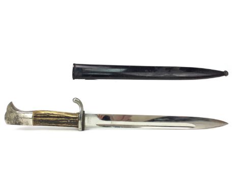 GERMAN WWII BAYONET, with Tiger Solingen steel blade, horn mounted grip, in metal scabbard, 40.5cm overall