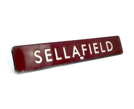 WESTERN RAILWAYS RECTANGULAR ENAMEL PLATFORM SIGN - SELLAFIELD, single sided, white lettering on a brown ground, 20cm x 121cm