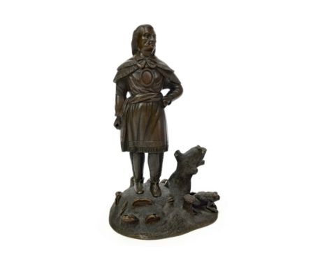 LATE 19TH CENTURY BRONZE FIGURE,modelled as a standing male figure by a tree stump with toad, 23cm high