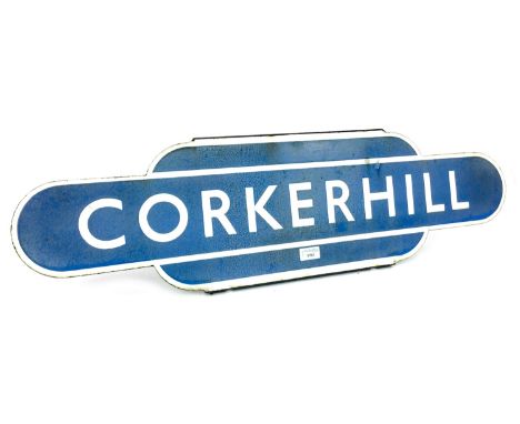 SCOTTISH RAILWAYS ENAMEL TOTEM - CORKERHILL, single sided, white lettering on a blistered powder blue ground, 25cm x 91cm Cor