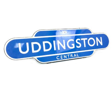 SCOTTISH RAILWAYS ENAMEL TOTEM - UDDINGSTON CENTRAL, single sided, white lettering on a powder blue ground, 26cm x 92cm Uddin