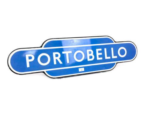 SCOTTISH RAILWAYS ENAMEL TOTEM - PORTOBELLO, single sided, white lettering on a powder blue ground, 26cm x 92cm  Portobello s