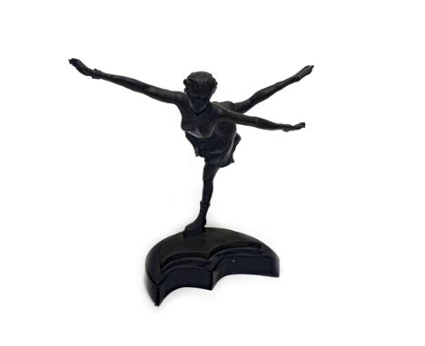 ART DECO STYLE BRONZE FIGURE OF A SKATER, modelled with one leg raised, on slate base, with pseudo-Preiss signature to base, 