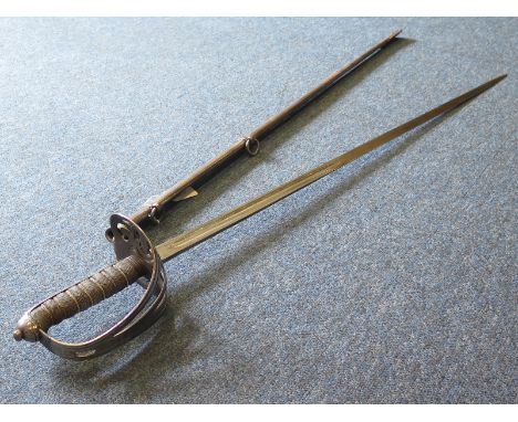 Sword: An 1827 Pattern Rifle Officers steel guard with strung bugle device. Straight blade 32''. Edward VII cartouche to blad