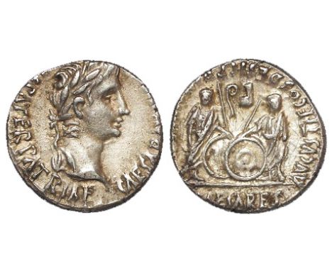 Augustus silver denarius, Lugdunum Mint 2 B.C. - 4 A.D., reverse:- Gaius and Lucius Caesars standing facing, shields and spea