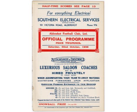 Football programme - Aldershot v Reading 3rd Div South 22nd Oct 1938