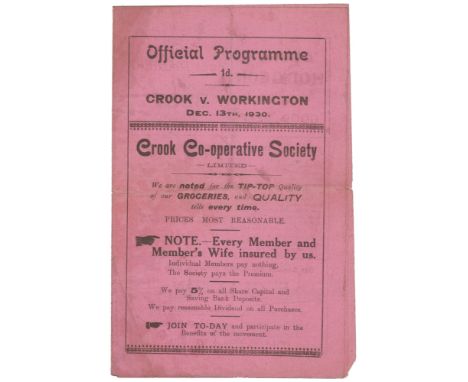 Programme - Crook v Workington 13th Dec 1930 