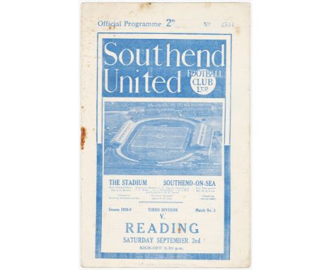 Football programme - Southend v Reading 3rd Div South 3/9/1938