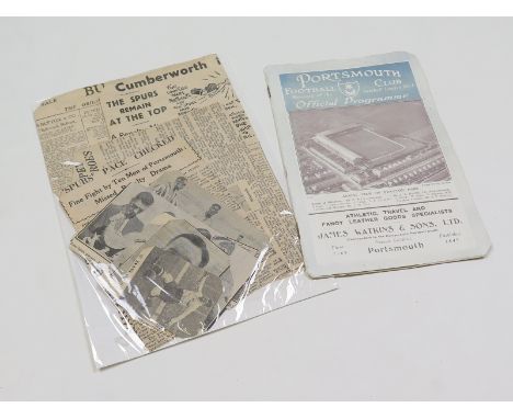 Football - Portsmouth v Tottenham Div 1 match 14/10/1933 together with extensive match report, cuttings etc (qty) a/f