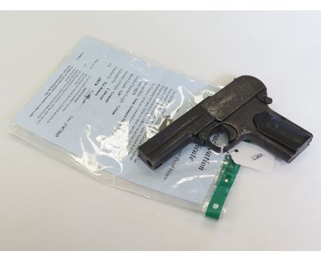 Pistol - a 7.65mm Dreyse Rheinisch Semi Automatic pistol circa WW1. Hard rubber grips (small chip noted) some light pitting. 