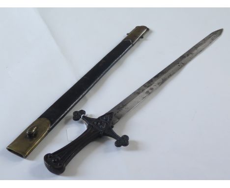 Victorian bandsman's sword with leather and brass scabbard, top brass fitting engraved 'Clumber Comp Bugler No2'.