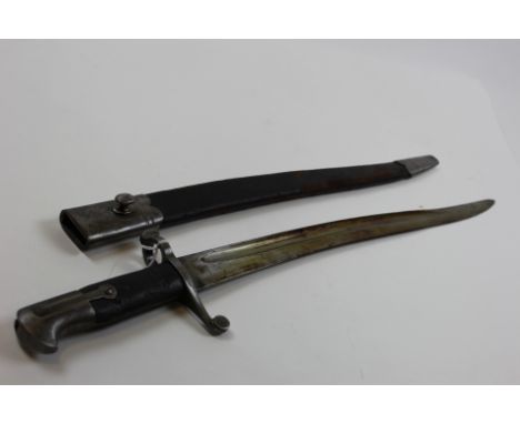 Bayonet: Pattern 1856 sword bayonet for volunteers by maker Chavasse. Pommel marked 365. In its steel mounted leather scabbar