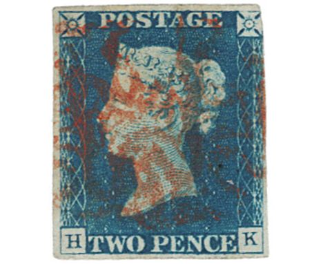 GB - 1840 Twopence Blue Plate 1 (H-K) three margins, just in N/E corner, no thins creases, fine cat £900 (1)