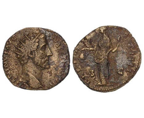 Antoninus Pius brass dupondius, Rome Mint 155 A.D., reverse reads:- LIBERTAS COS IIII S C, Libertas standing facing, head lef