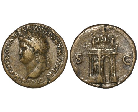 Nero brass sestertius, Lugdunum Mint, obverse:- Laureate bust left, resting on globe, legend:- IMP NERO CAESAR AVG PONT MAX T