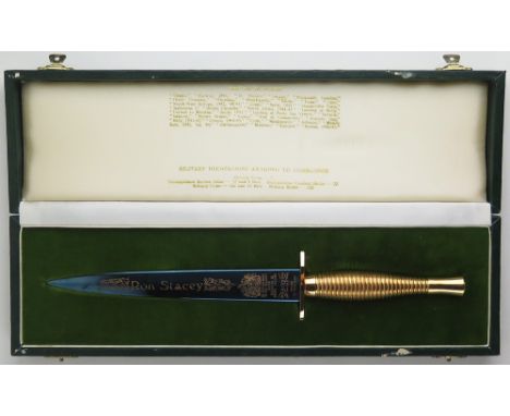Wilkinson Sword Commando 1940-1945 special presentation dagger, cased, blade engraved to Ron Stacey.