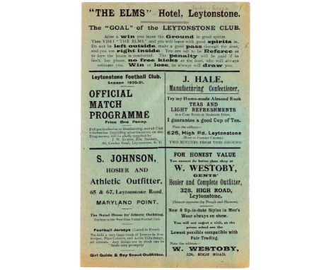 Football programme - London v Essex inter county match played at Leytonstone on 24/2/1921, players clubs include Wimbledon, B