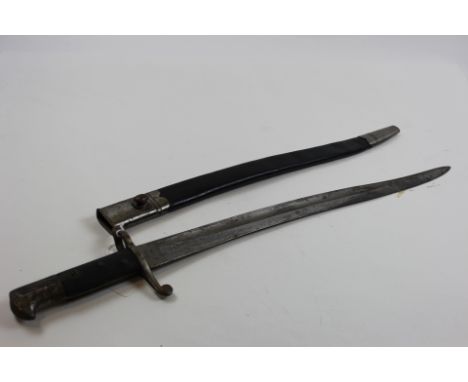 Bayonet: Pattern 1856 sword bayonet for volunteers. Ricasso marked '30' crossguard '300'. Sold out of service mark. In good o