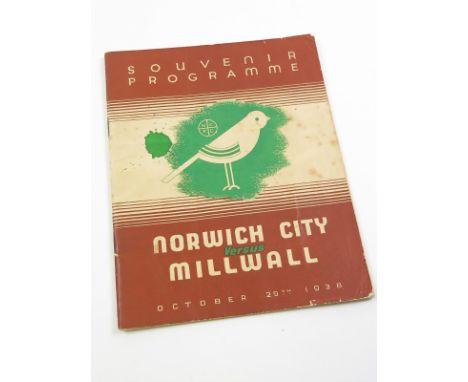 Football - Norwich City v Millwall programme for match played 29/10/1938, with souvenir outer cover, match attended by King G