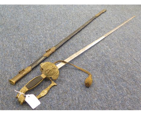 Italian Court Sword with leather and brass scabbard, plus pommel, blade attractively engraved