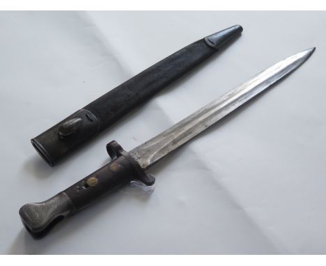 Bayonet: An 1888 Patt. MK 1 bayonet in its MK 1 steel mounted leather scabbard. Pommel marked '3 G?' (guards or Gloucs R.) Ri