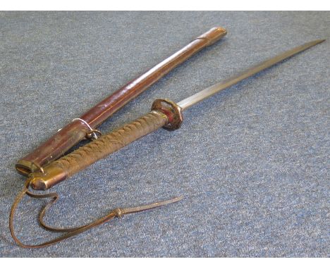 Japanese WW2 type 98 Shingunto Sword, cloth bound leather ? grips, in its leather covered wooden scabbard with single Asti. W