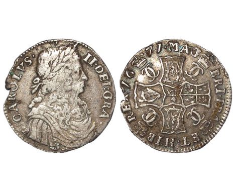 Charles II silver merk of Scotland, thistle below bust, 1671, well centred, small piece gone from edge at obverse 9 o'clock, 