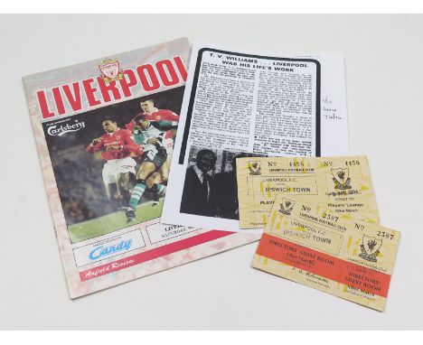 Football - Liverpool v Ipswich very rare Directors Box & Directors Guest Room Tickets for Matches v Ipswich programme & ticke